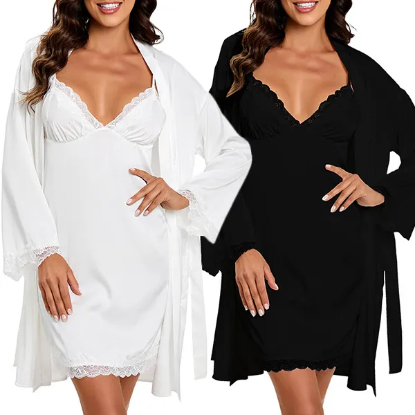 Modisches zweiteiliges Pyjama-Set mit Spitze, bestehend aus Nachthemd und Hose